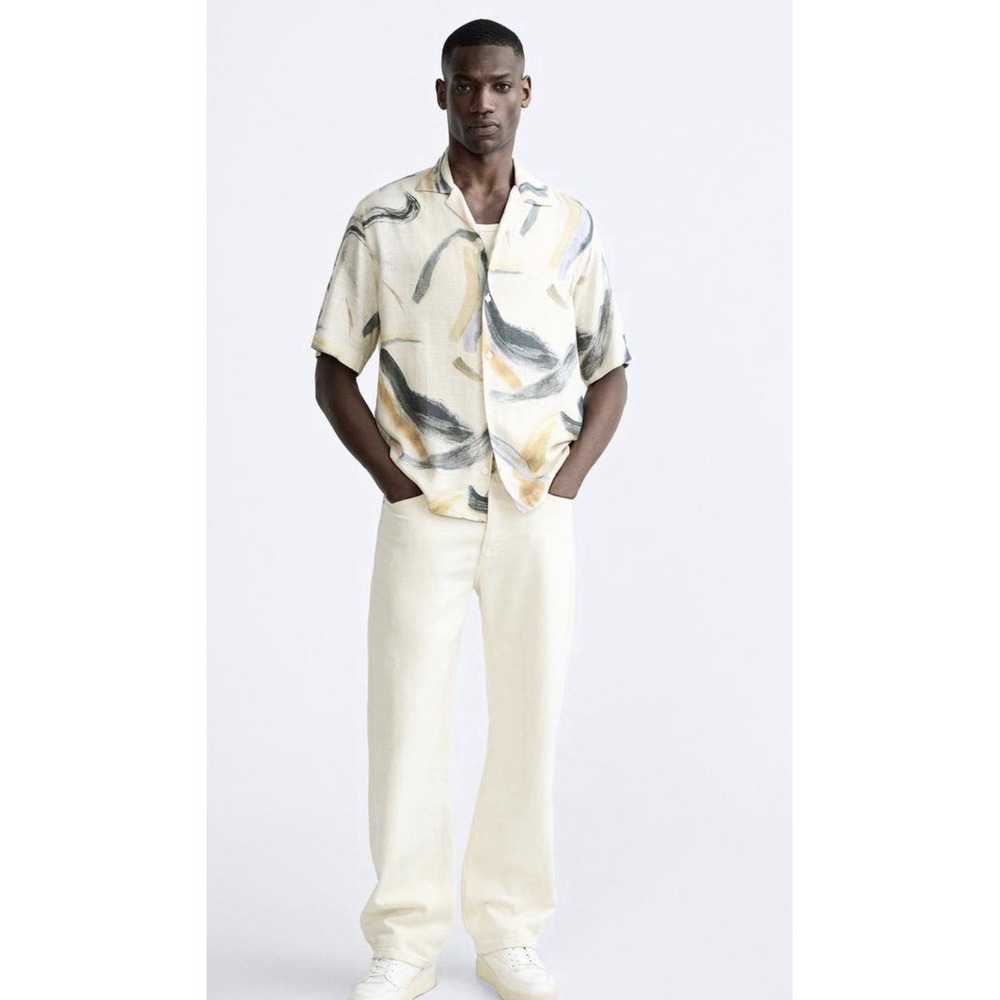 New Zara Button Down Shirt Men's Medium Short Sleeve Linen Blend Casual Resort